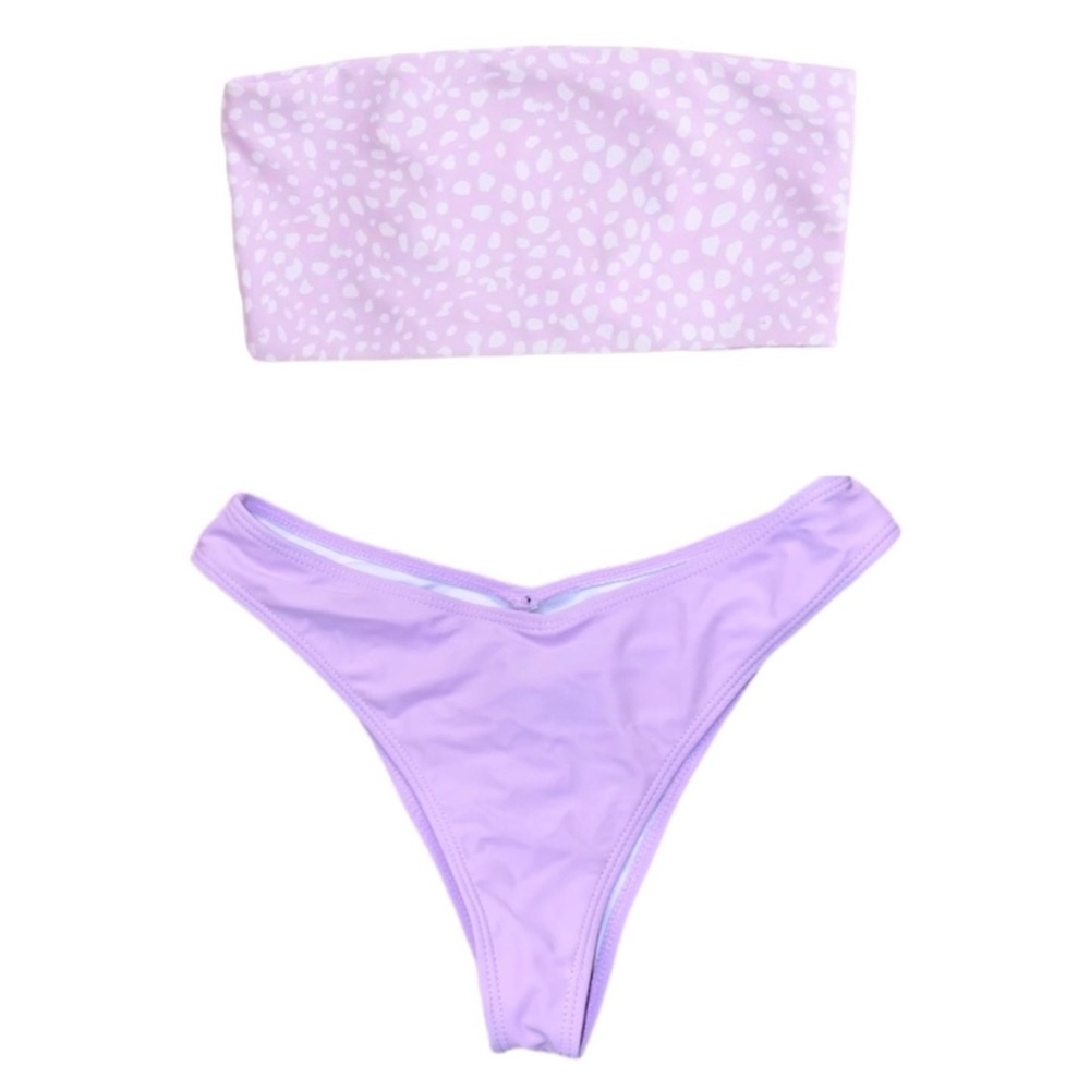 Lilac Bikini Set: Dalmatian Print Bandeau Bikini Top & High-Cut Bikini Bottoms
